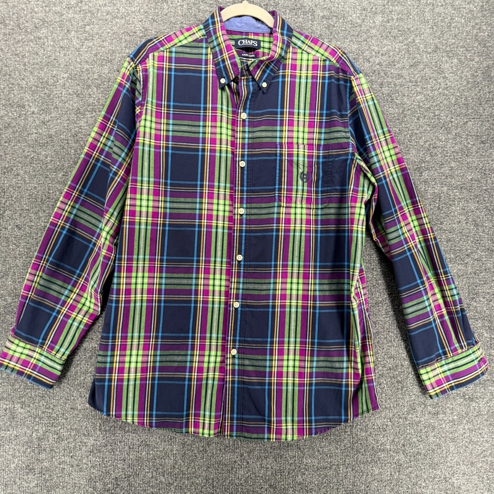 Chaps Shirt Mens L Blue Plaid Button Up Long Sleeve Easy Care Office Casual Prep